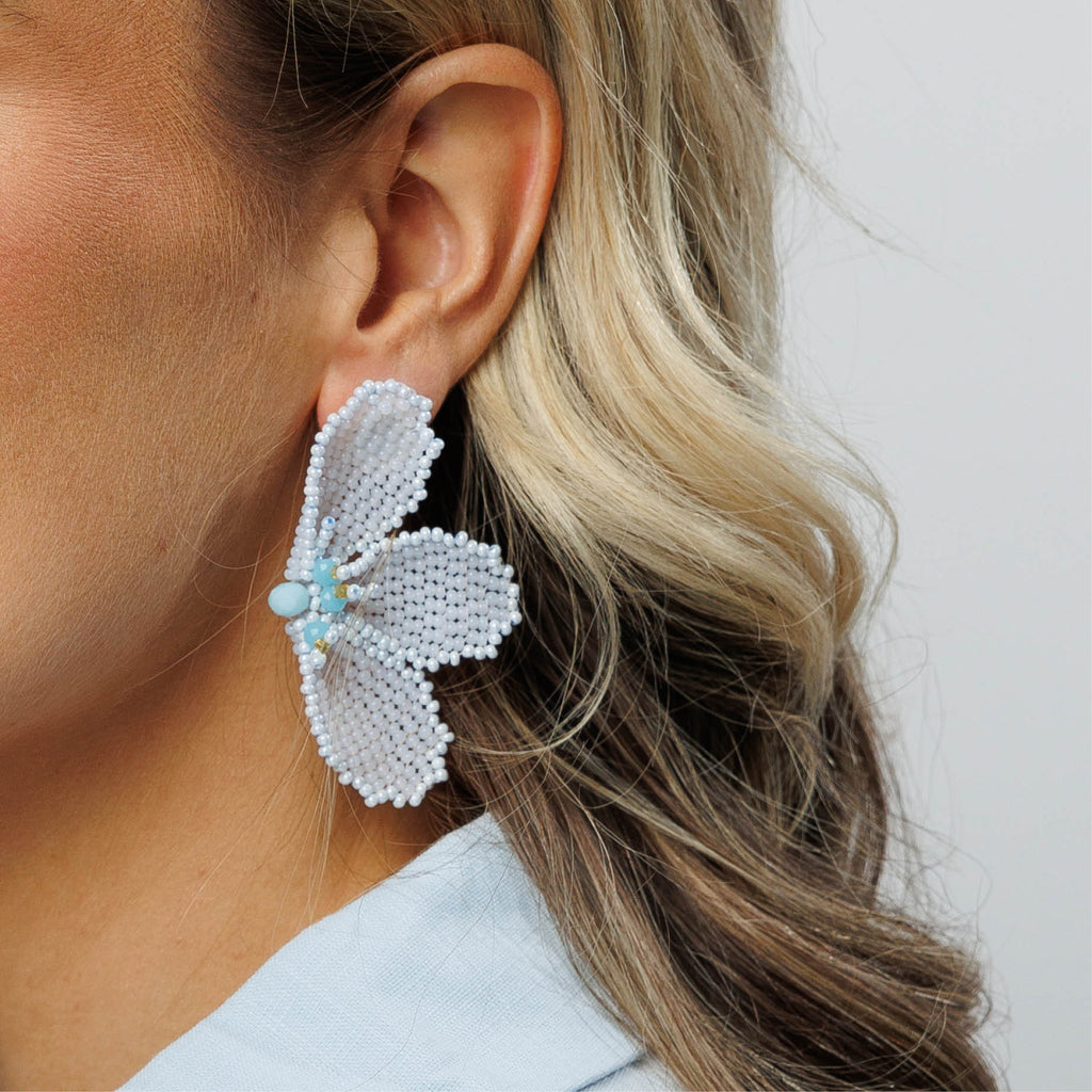 Zinnia Earrings - White Blue - Model - Paulie Pocket