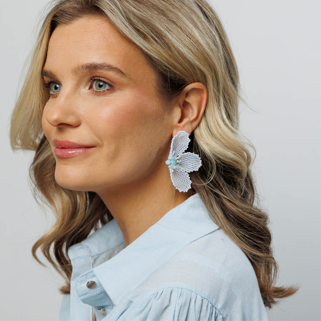 Zinnia Earrings - White Blue - Model - Paulie Pocket2