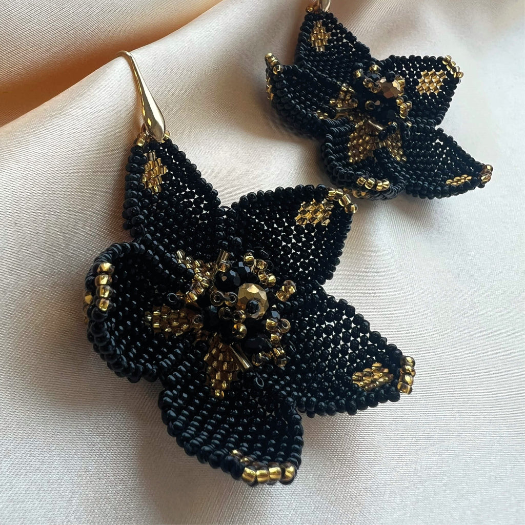 Poppy Flower Earrings - Black Gold - Satin - Paulie Pocket1
