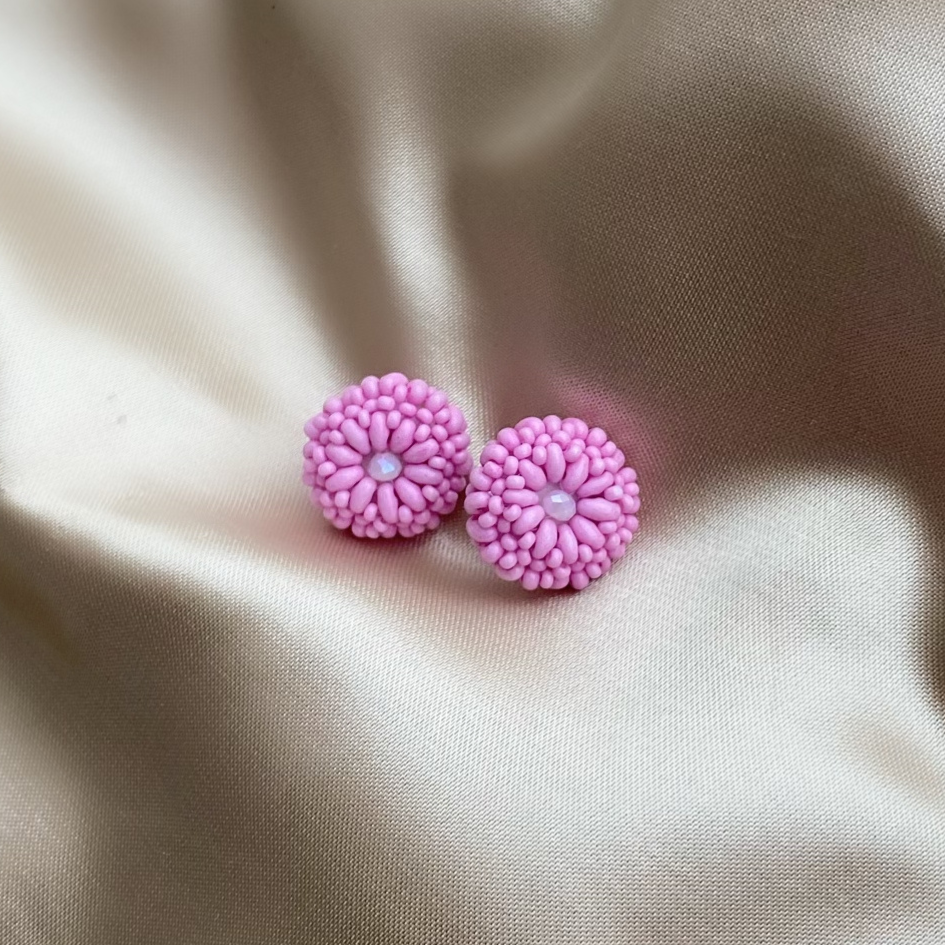 Tiny Flower Earrings - Pink - Satin - Paulie pocket